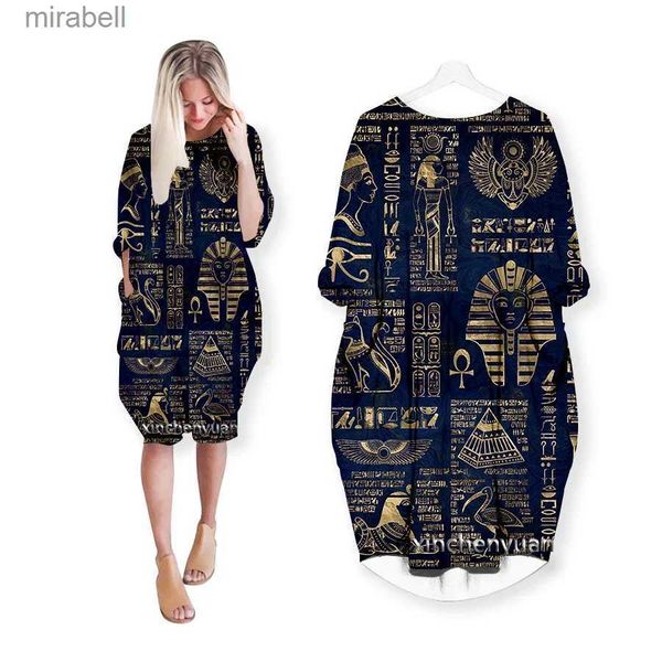 Robes décontractées de base Phechion Nouveau pharaon égyptien impression 3D mode robe mi-longue femmes vêtements poche à manches longues hauts T02 YQ240110