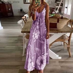 Basis Casual jurken Plus Mize 2023 Spring zomerjurk Purple Floral Print V-Neck lange jurken Casual Boheemse mouwloze vrouwen strand feestjurk L49