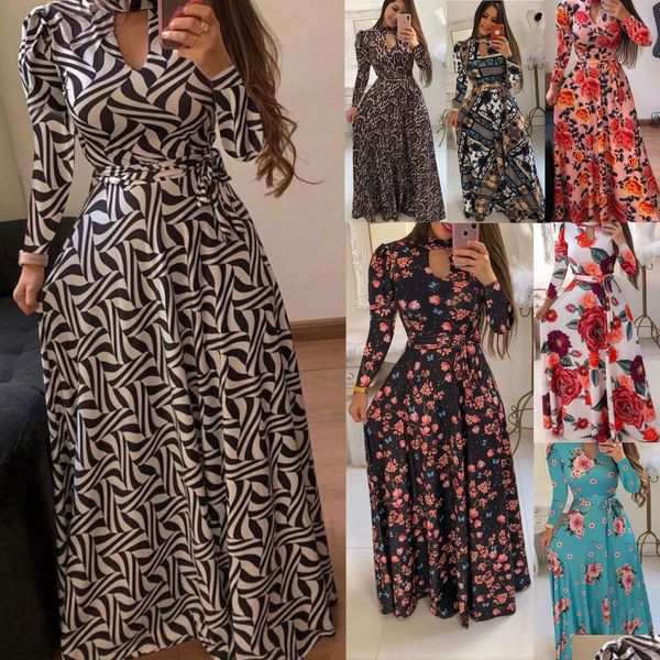 Robes décontractées de base, plus la taille 5XL Femmes Designer Impression Robe à manches longues Mode Fleur Motif Vêtements ethniques Nouvelles filles V Nec Dhz0P