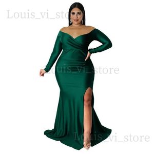 Basis Casual jurken plus size herfst mode dames sexy jurk maxi 2023 nachtclub v-neck solide split long hoge taille feestjurken groen t240227