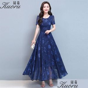 Robes décontractées de base Plus la taille bleue femmes robe en mousseline de soie florale robe Maxi Boho été Sukienka Ropa Mujer Robe Longue Femme Chic Dhoyx