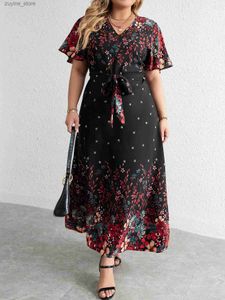 Basis Casual jurken Plus size casual jurk vrouw 2023 zomer v nek korte mouw bloemenprint lange jurk zwarte ronde maat vrouwen kleding l49