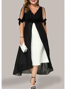 Basis Casual jurken plus size chiffon paneel vergelijking jurk dames zomer wit en zwart hoog taille lange rok nep 2 stuks elegante jurk2405