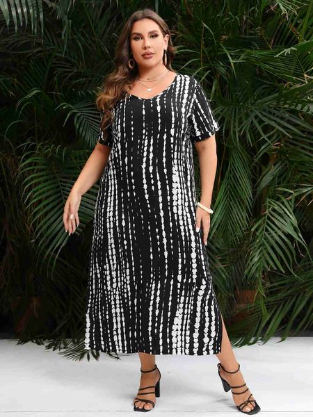 Vestidos casuales básicos Vestido de talla grande para mujer 2023 Summer V Campo de manga corta Vestido informal de estampado negro con rayas negras