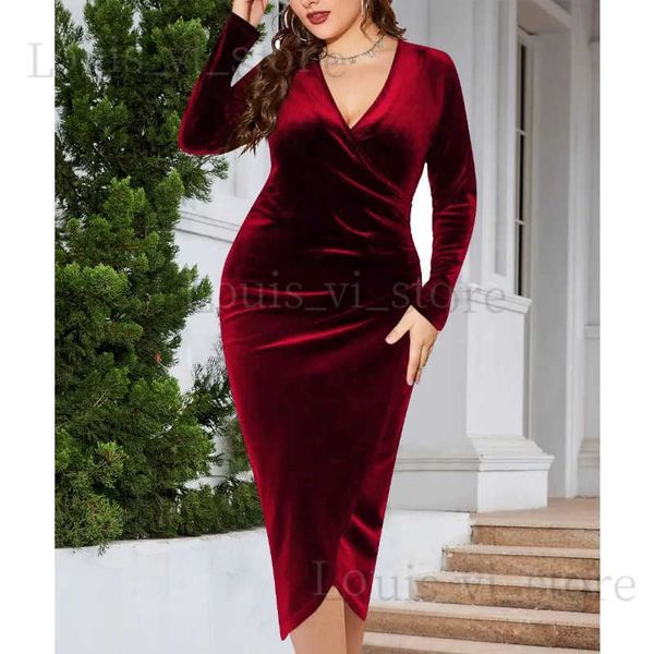 Robes décontractées de base Plus la taille élégante à manches longues en velours robe maigre midi rouge sexy plissée col en V robe de cocktail discothèque vêtements décontractés T240227