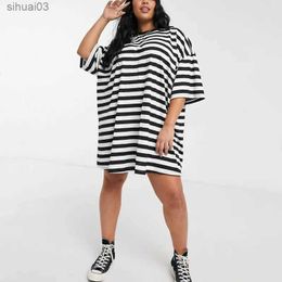 Basis Casual jurken Plus size losse zomer elegante tuniekjurk vrouwen laten schouder halve mouw oversized casual t-shirt jurk zwart gestreepte tee tee dressl2403