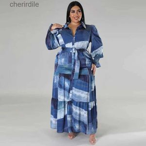 Abiti casual di base Plus Size Abito con stampa patchwork per le donne Camicetta paffuta Cintura in stoffa Lady Luxury Long Robes 2023 Summer Trendy Party New In Dress YQ231219