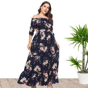 Basis Casual jurken Plus size sexy off -schouder bloemenprint Boheemse zomervakanties jurken voor vrouwen Y240429