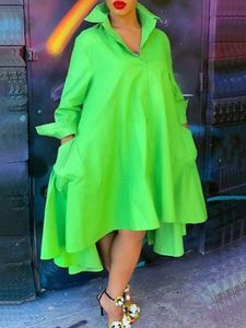 Vestidos casuales básicos Vestido de camisa de talla grande Mujer Primavera Verano Manga larga Verde sólido Suelto de un solo pecho Vestidos largos irregulares Vestido de tirantes 230715