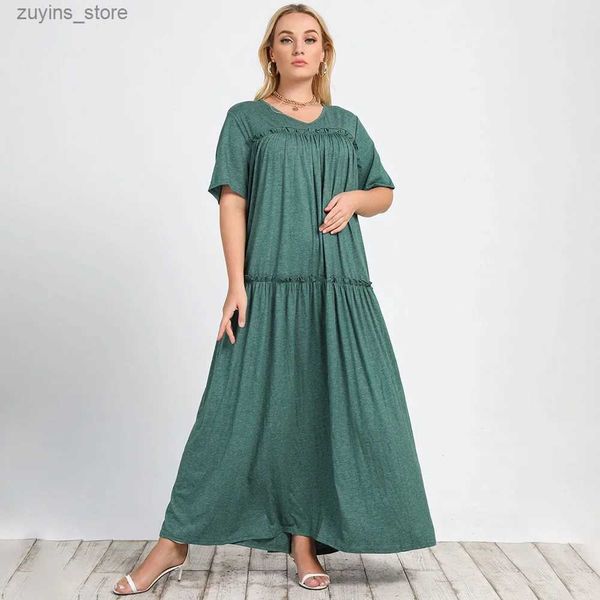 Vestidos casuales básicos de talla de talla grande V Neck Frill Trimes A Dress A-Line Women Summer Manga corta Damas casuales Maxi Vestidos largos XXXL 4XL L49