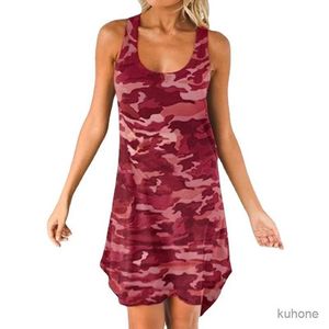 Robes décontractées de base plus taille femme camouflage robe mode femme décontractée-cou up sans manches robe en ligne a-ligne de plage robe fête robe raceur