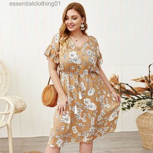 Basic Casual Jurken Plus Size Vrouwen Casual Losse Bloemenprint Kwastje V-hals Knoppen Midi-jurk Zomer Katoenen Tuniekjurk Met Korte Mouwen vestidos 2022 L230918