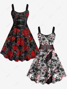 Vestidos casuales básicos Tallas grandes Disfraz de Halloween para mujer Rose Skull Bird Grommets Lace Up 3D Print Primavera Verano Diario Sin espalda Cami Tank Dress 230919