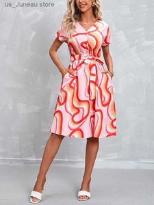 Basis Casual jurken Zakken Girls Boho Loose A-Line Mini Dress Summer Beach 2024 Korte Slve Women kleurrijke geometrische geprinte zonsonderganggordel H096 1 T240415