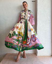 Basis Casual jurken Polo nek geprinte vintage lange jurk prinses mouwen sheeve big zoom losse vestidos mode vrouwen elegant gewaad 230817