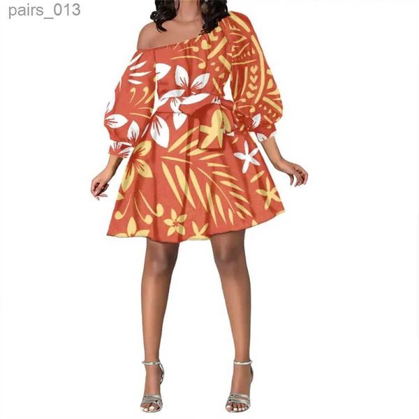 Robes décontractées de base Polynésien Samoan Tribal Vêtements Hawaïen Tapa Imprimer Personnalisé Femmes Oblique Épaule À Manches Longues Mini Bandage En Mousseline De Soie YQ231025