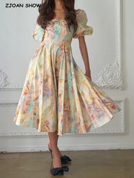 Basic Casual Jurken Princess Summer Beauty Girl Print Slim Taille Dress Puff Sleeve Retro Women Swing Midi Fairy Holiday Robe Vestidos 230718