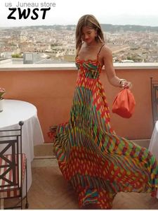 Basis Casual jurken Afdrukken Contrasterende sling maxi -jurken voor vrouwen strand kleurrijke sluleloze backless losse jurk dame zomervakantie vestidos t240412