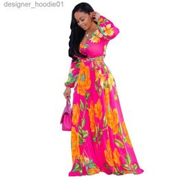 Vestidos casuales básicos Impreso Vintage Mujeres Floral Maxi Vestido Tallas grandes Mangas largas Cuello en V Gasa Vestidos sueltos Vestidos de playa 2019 Nuevo P4ZS L230916