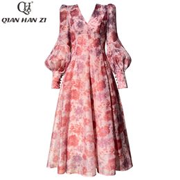 Basic casual jurken QHZ Spring Summer Designer Fashion Lantern Sleeve jurk lang voor dames V nek kralen vintage bloemenprint slanke feest midi jurk 230823