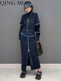 Basic Casual Jurken QING MO 2023 Lente Herfst Koreaans Mode Hoge hals Gebreide kleding Slanke trui Rok Tweedelige set Vrouwelijk Streetwear ZXF381 230804