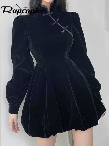 Robes décontractées de base Rapcopter Vintage chinois Stle robe de soirée élégant noeud mignon y2k noir esthétique bouffée à manches longues une ligne Mini femmes coréennes 231031