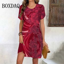 Robes décontractées de base Fleur rouge imprimé été robe rétro femmes pull court Sle grande taille Mini robe décontracté dames vêtements 6XL robes SundressC24315