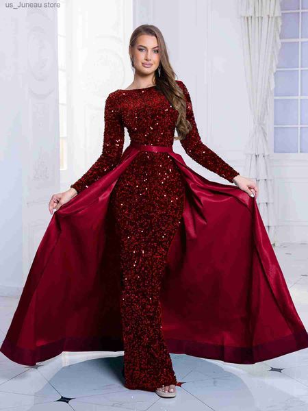 Robes décontractées de base Rouge Longue Slve O Cou Stretch Robe De Soirée À Paillettes Longueur De Plancher Soirée Robe De Bal Avec Jupe À Lacets Détachable Grn Noir T240330