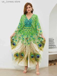 Robes décontractées de base rétro fleurs imprimé Kaftan Long Robe pour femmes 2024 Summer Batwing Slve House Robe Cauvre Robes maxi lâches Q1636 1 T240415