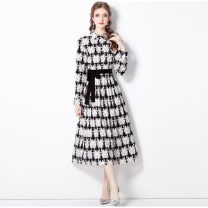 Basis Casual Jurken Runway Women Fashion Autumn Dieren Print Bow Sashes met één borsten met een lange mouwen Elegant kantoor Lady Midi Party Vestidos 2024