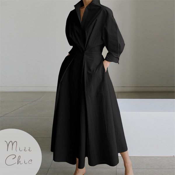 Robes décontractées basiques S-5XL Mode coréenne Chemise à manches longues Robe Chic Col rabattu Ruché Maxi Robe Femmes Automne Hiver Vêtements Streetwear 230531