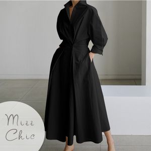 Robes décontractées de base S5xl Corée de la mode à manches longues Robe Chic Turndown Necdown Rucched Maxi Dres Automn Winter Clothes Streetwear 230817