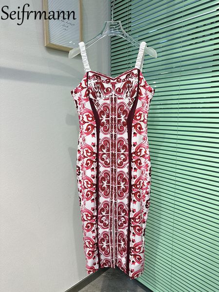 Vestidos casuales básicos Seifrmann Alta calidad Verano Mujer Moda Runway Lápiz Vestido Sexy Correa de espagueti Rojo y blanco Estampado de porcelana Midi Vestidos 230620