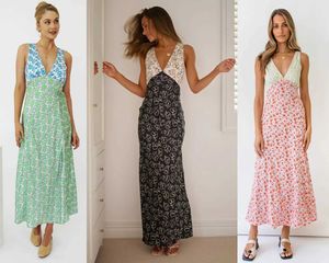 Basis Casual jurken Sexy Contrast Kleur Diep V Damesjurk Zomer Casual Print Maxi -jurk Backless strakke Boho Long Sundress 2023 Vestidol2405