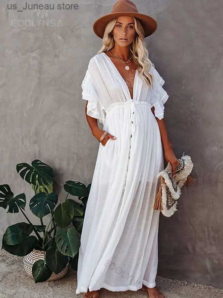 Robes décontractées de base Sexy DP V-Neck Butterfly Slve Self Belted High Button Front Open 2024 Summer White Femmes Beachwear MAXI Robes Q1208 T240412