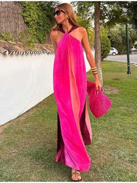 Vestidos casuales básicos Halter sexy fuera del hombro Maxi vestido de mujer con cuello en V sin respaldo hasta el suelo bata ultra delgada 2023 Vacaciones de verano Vestidos de playa J240130