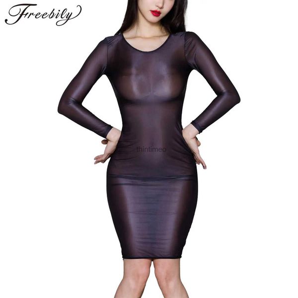 Vestidos casuales básicos Club de fiesta sexy para mujer Vestido ajustado transparente brillante Manga larga Alto Elástico Flaco Lápiz apretado Tentador Ropa de dormir YQ240223