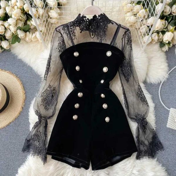 Vestidos informales básicos Mangas abullonadas sexy Mono de encaje de malla con doble pecho Vestido de moda para mujer Pierna corta Traje ajustado Traje ajustado bohemio de playa J2401