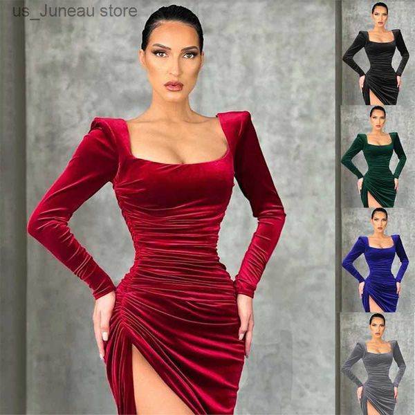 Robes décontractées de base Robe en velours rouge sexy Femme automne 2022 Collier de mode Spring Split Split Midi Robes Slve Elegant Party Club Robe T240412