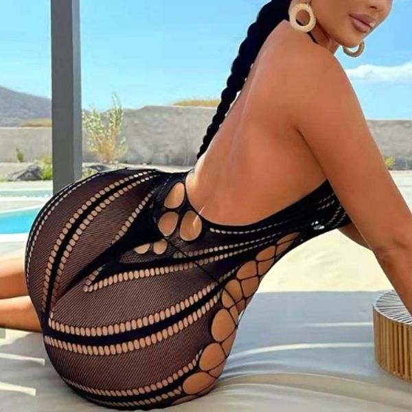 Vestidos casuales básicos Sexy Women Fishnet Halter Backless Dress Low Cut Tight Pencil Cute Plus Size Mini Night Club Dance Beatchwear 230518