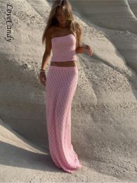 Basis Casual jurken Sexy Women Hollow Slim breien rok set mode schuine schouder mouwloze Maxi Summer Lady Beach Solid Vestidos 230822