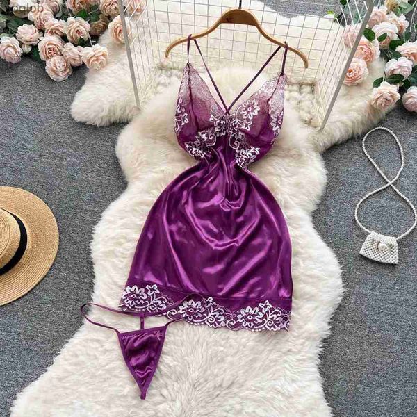 Robes décontractées de base Sexy Femmes Robe Night Sans manches Backless Porno Porno Pyjamas Floral Lace Erotic Nightswears + Thongs Satin Short Transparent Dressl2403