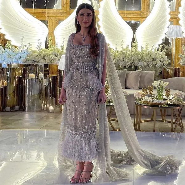 Robes décontractées de base Sharon Said Bling gris sirène robe de soirée arabe avec cape luxe plume Dubai robes formelles pour les femmes fête de mariage SS279 231011
