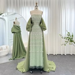 Vestidos informales básicos Sharon Said Luxury Dubai Sage Green Evening con capa 2023 Árabe azul con cuentas elegantes vestidos de fiesta de boda SS238 231009