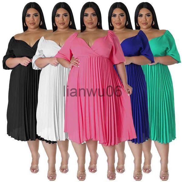 Vestidos casuales básicos Vestido generoso simple Señoras Verano Urbano Color sólido Mangas abullonadas Cuello cuadrado Cintura alta Paraguas plegable Falda J2308009