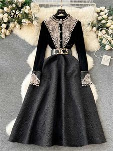 Basis Casual jurken Singreiny Franse retro jurk mode mode hoogwaardige borduurwerk met lange mouwen vrouwen elegant riemontwerp een line court yq240402