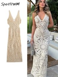 Robes décontractées de base solide tricoté évider crochet long élégant col en V sans manches dos nu robe fête plage vacances vêtements 231113