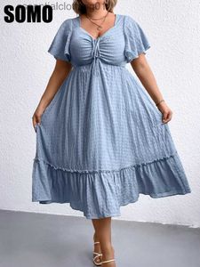 Robes décontractées basiques SOMO grande taille femmes robes d'été bleu élégant manches de tir Sexy bureau dame col en v taille haute robe en gros livraison directe L230918