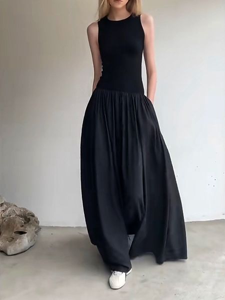 Vestidos casuales básicos Sporty Black Long TankDress Mujer Primavera Verano O cuello Floorlength Office Lady Casual Pockets Vestidos para mujeres 230520