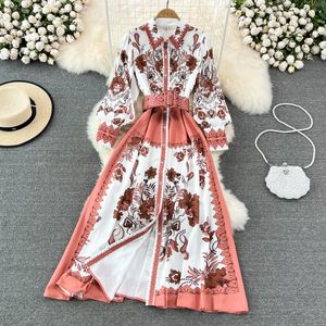 Basic casual jurken lente herfst mode runway jurk voor dames shirt kraag lantaarn mouw bloemenprint elegante vakantie midi jurk vestido 2024